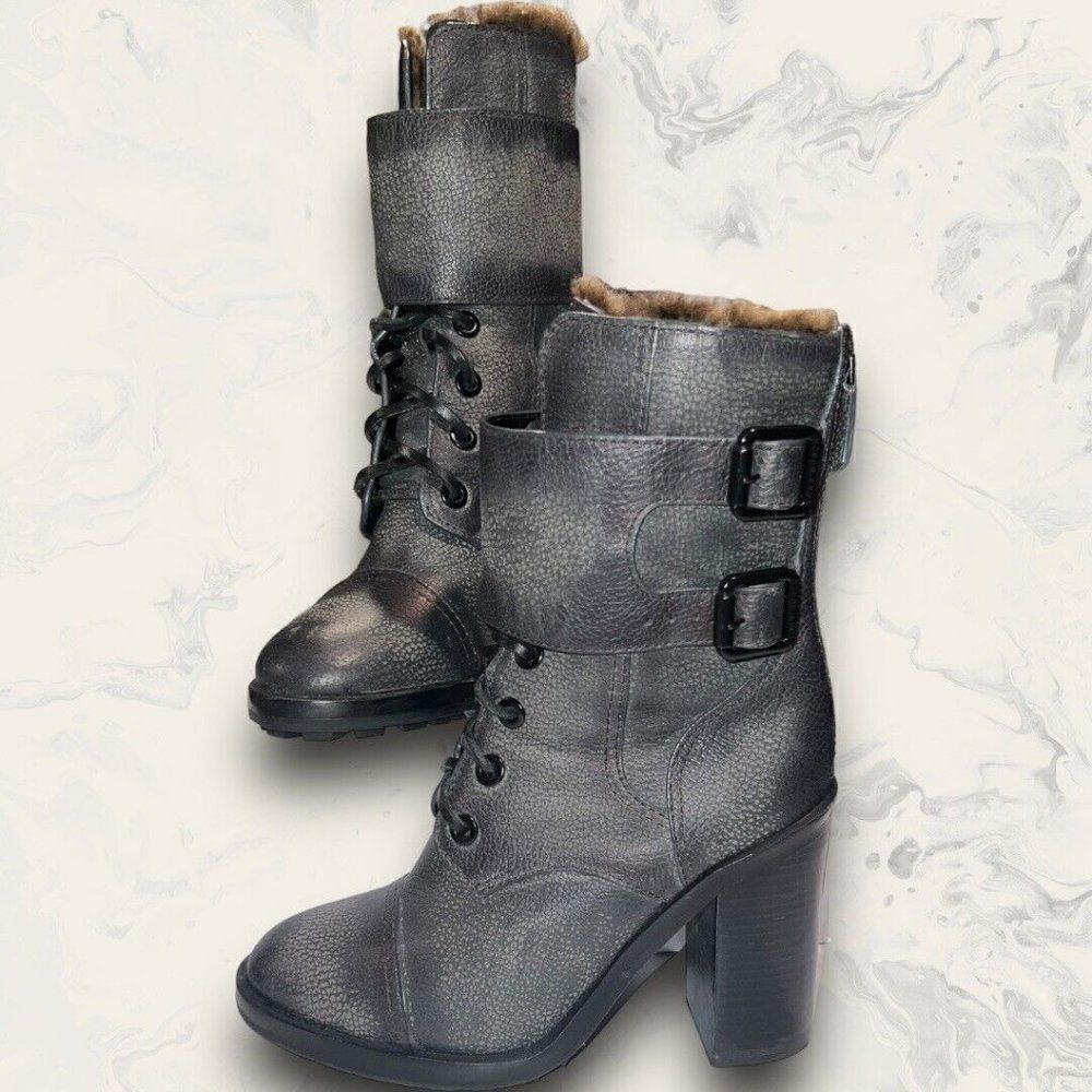 Tory Burch Broome leather heeled Combat Boots shearling lined gray women's 5.5M